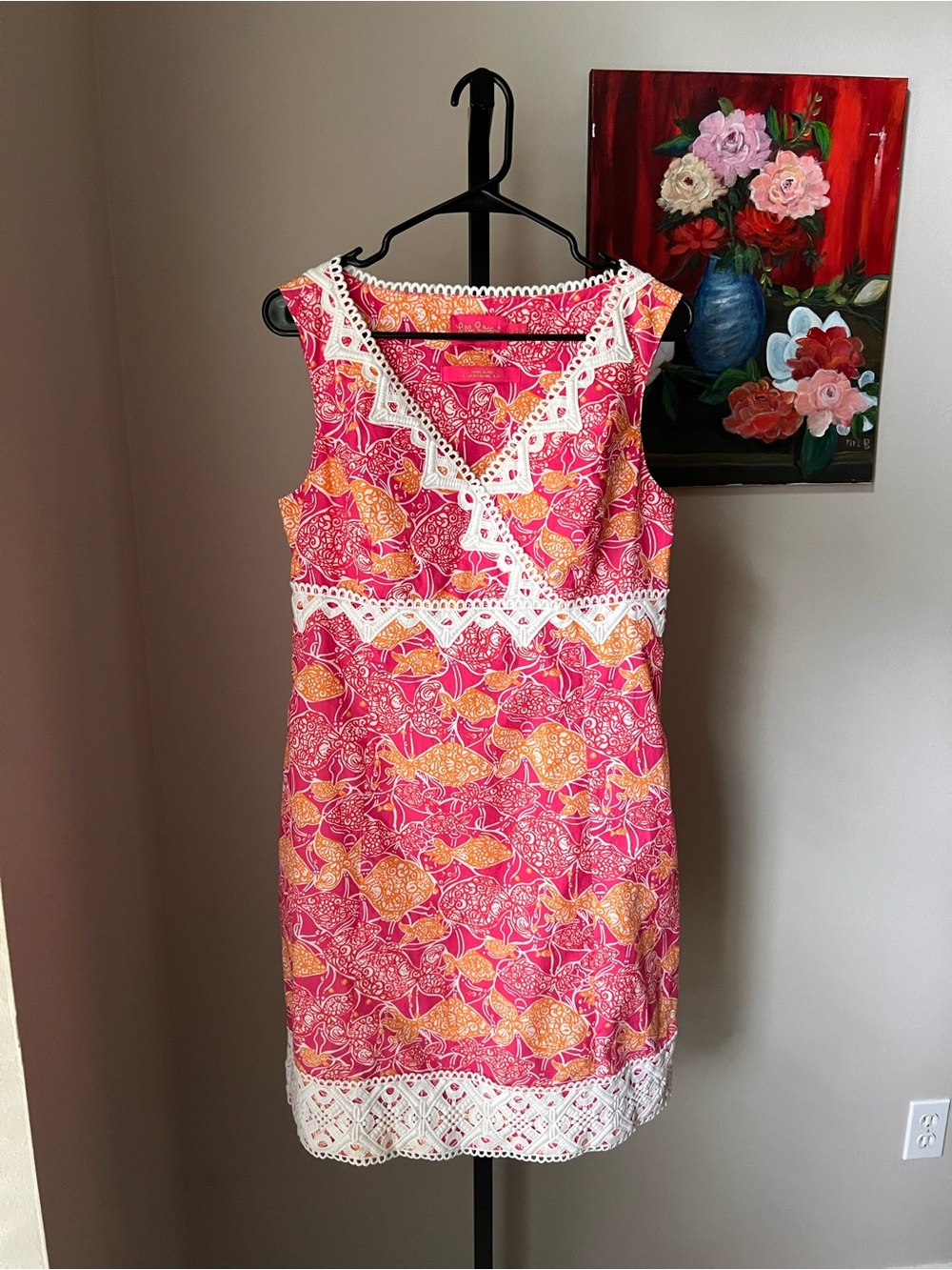 Lilly Pulitzer Catherine bell Bright Pink & Orange Shift Lace-Trim Dress